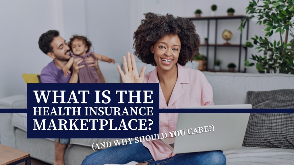 A confident mother using a laptop computer to visit the Health Insurance Marketplace at healthcare.gov while her child and husband play in the background.